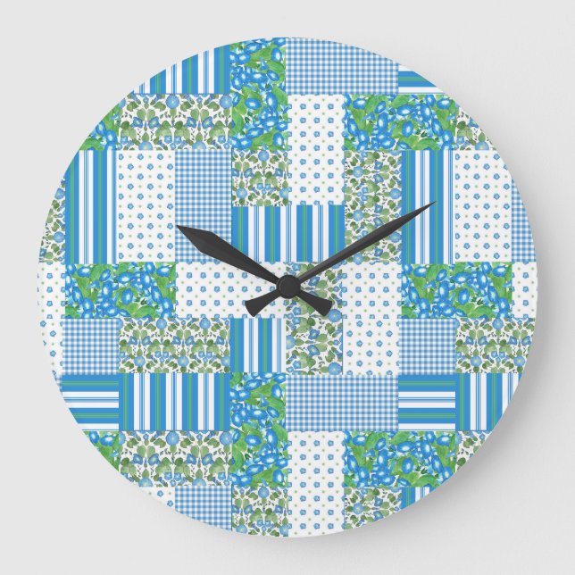 Relógio Grande Blue Morning Glory Faux Patch Wall Clock (Frente)