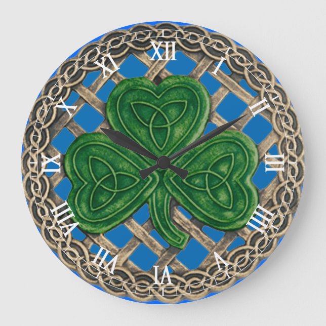 Relógio Grande Blue Shamrock & Celtic Knots Roman Numeral Clock (Frente)