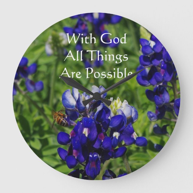 Relógio Grande Bluebonnets com Deus Todas As Coisas São Possíveis (Frente)