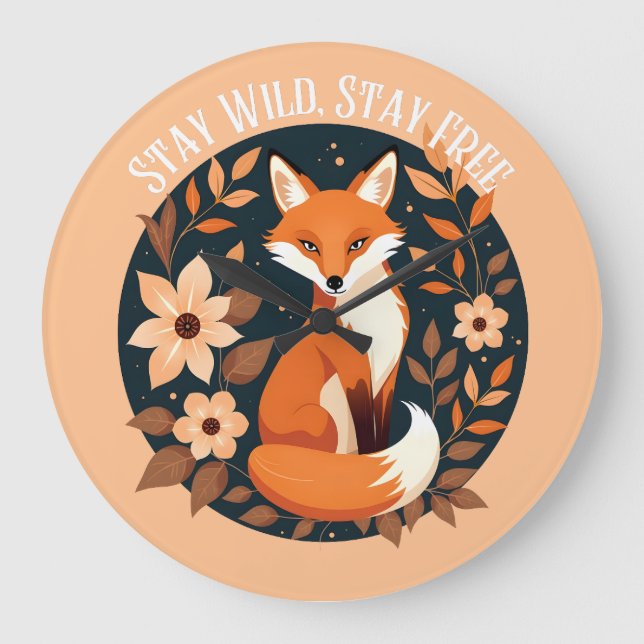 Relógio Grande Boho Fox "Fique Selvagem, Fique Livre" Design Wood (Frente)