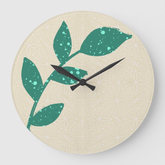 Relógio Grande Boho Green Leaf sobre Cream Floral Wall Clock (Frente)