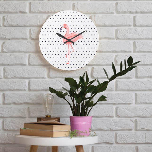 Relógio Grande Bolinhas Reto Pink Watercolor flamingo (Polka Dot Reto Pink Watercolor flamingo Large Clock)