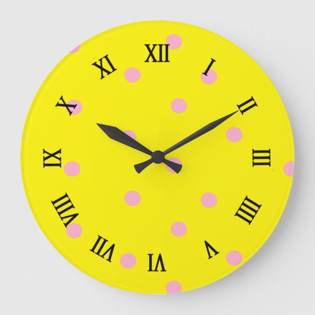 Relógio Grande Bolinhas rosa em amarelo (Frente)