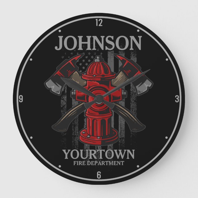 Relógio Grande Bombeiro NOME Fire Department Hydrant USA Flag (Frente)