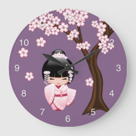Relógio Grande Boneca Kokeshi de Kimono Branco Garota Geisha Fofa