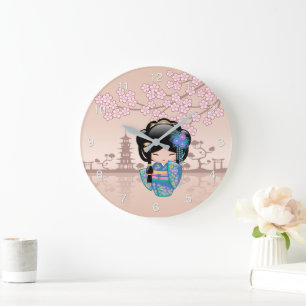 Relógio Grande Boneca Kokeshi Keiko - Garota Geisha de Quimono Az