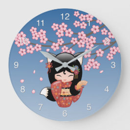 Relógio Grande Boneca Kokeshi Kitsune - Garota Geisha Raposa Pret