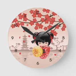 Relógio Grande Boneca Kokeshi Sakura Vermelha - Geisha Japonesa