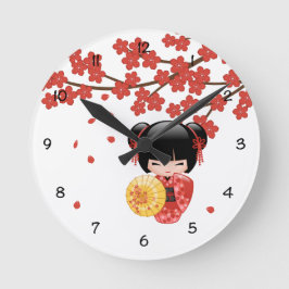 Relógio Grande Boneca Kokeshi Sakura Vermelha - Geisha Japonesa