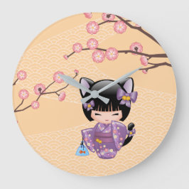 Relógio Grande Boneca Neko Kokeshi - Garota Geisha com Orelhas de