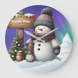 Relógio Grande Boneco de neve fofo no Polo Norte com luzes do nor