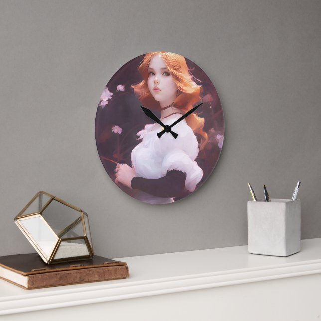 Relógio Grande Bonita Menina Entre Retrato De Flores Rosa (Escritório)