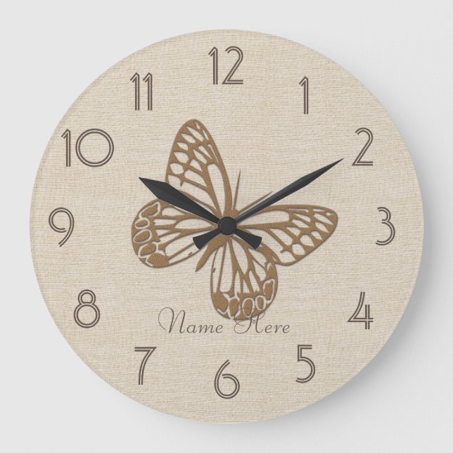 Relógio Grande Bonito Borboleta Linen Adicionar Nome Wall Clock (Frente)
