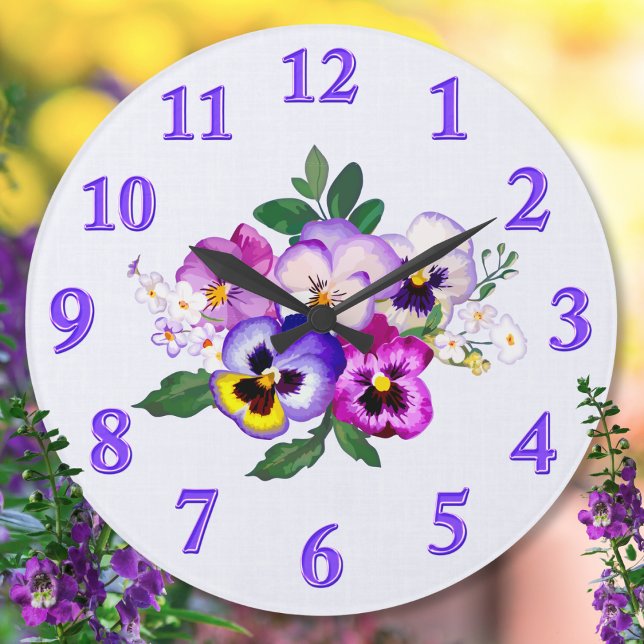 Relógio Grande Bonito, Pansy Clock, Editar para Adicionar seu tex (Pansey Clock. Nice, Pansy themed Gift for your, Pansy Decorating ideas. Purple, Yellow, Pansy Clock.)