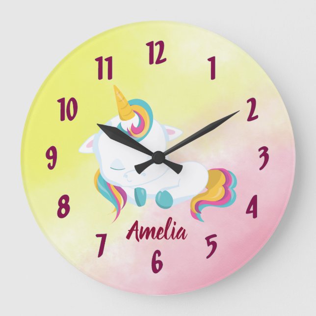 Relógio Grande Bonito Unicorn Clock com seu nome (Frente)