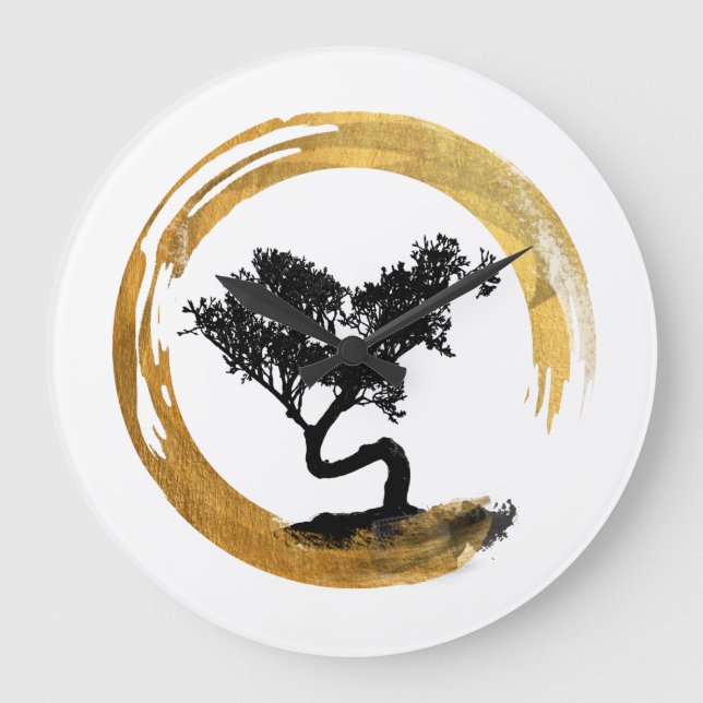 Relógio Grande Bonsai Tree. Zen Enso Circle. Arte de Aquarela (Frente)