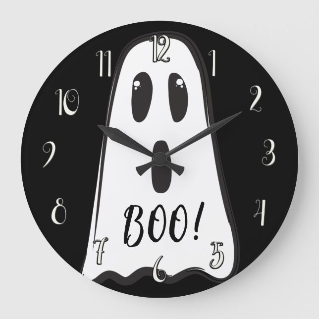 Relógio Grande BOO! Spooky Cute Ghost Halloween Black White (Frente)