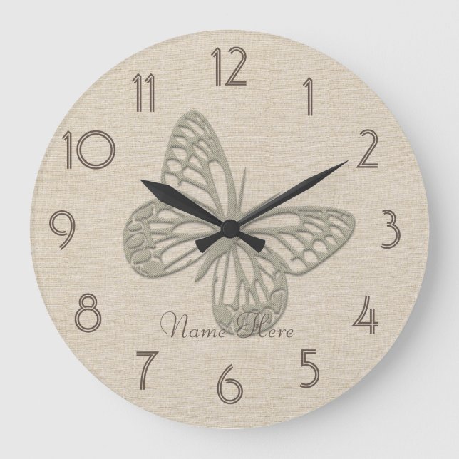Relógio Grande Borboleta bonito Silver Linen Add Name Wall Clock (Frente)