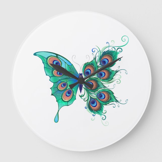 Relógio Grande Borboleta com Penas de Pavão Verde (Frente)