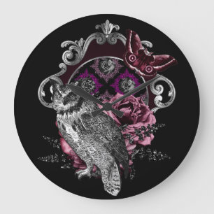 Relógio Grande Borboleta Coruja Escura E Flores - Gótico