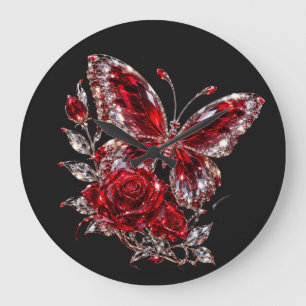 Relógio Grande Borboleta de Cristal Rubi e Rosa