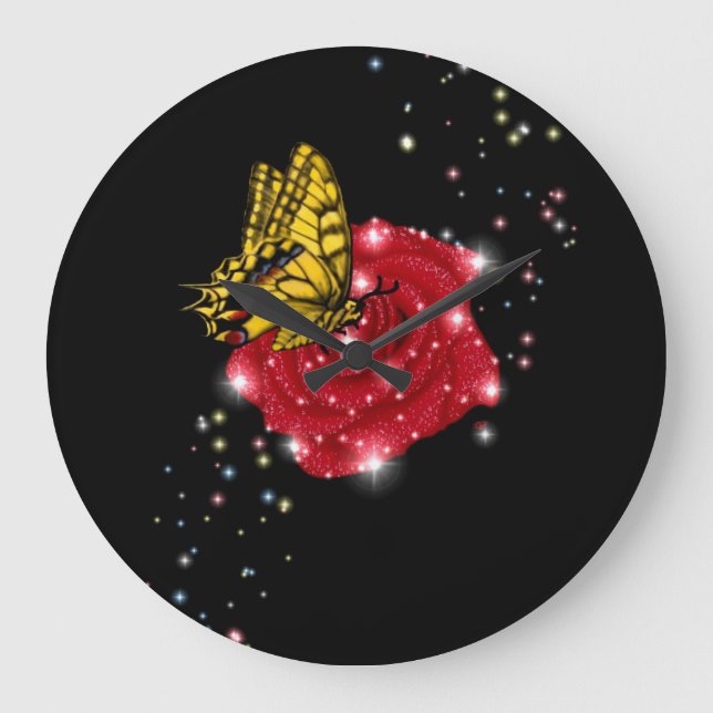 Relógio Grande Borboleta em rosa vermelha com estrelas e gotas de (Frente)