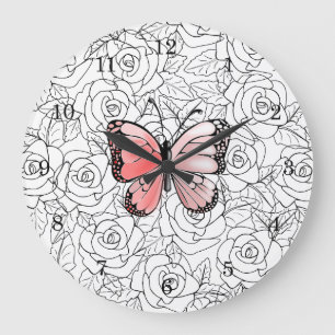 Relógio Grande Borboleta Rosa E Arte Rosa -