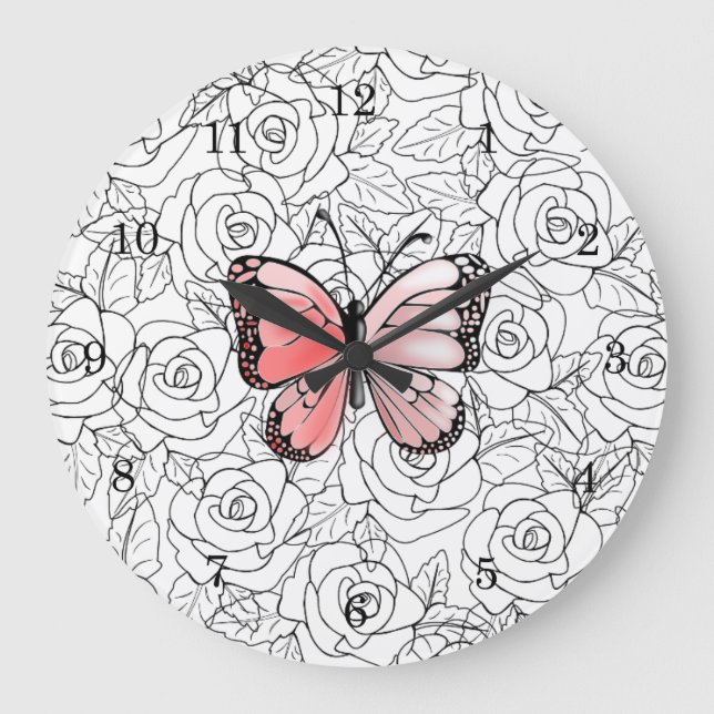 Relógio Grande Borboleta Rosa E Arte Rosa - (Frente)