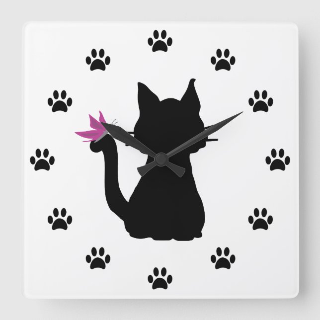 Relógio Grande Borboleta Rosa Preta de Gato Silhueta (Frente)