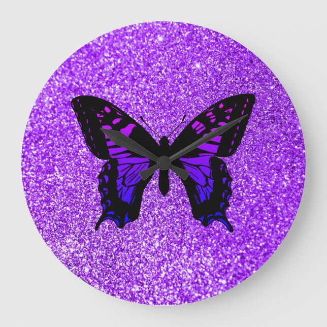 Relógio Grande Borboleta Roxa Faux Violet Girly Glitter (Frente)