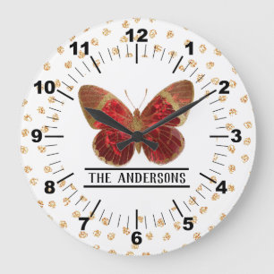 Relógio Grande Borboleta Vermelha e Dourada Rosa