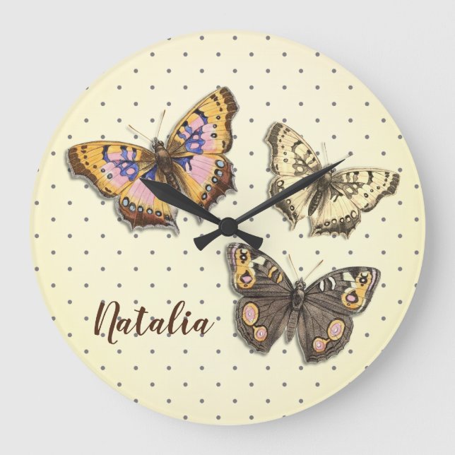 Relógio Grande Borboletas Adoráveis Com Bolinhas Com Nome (Frente)