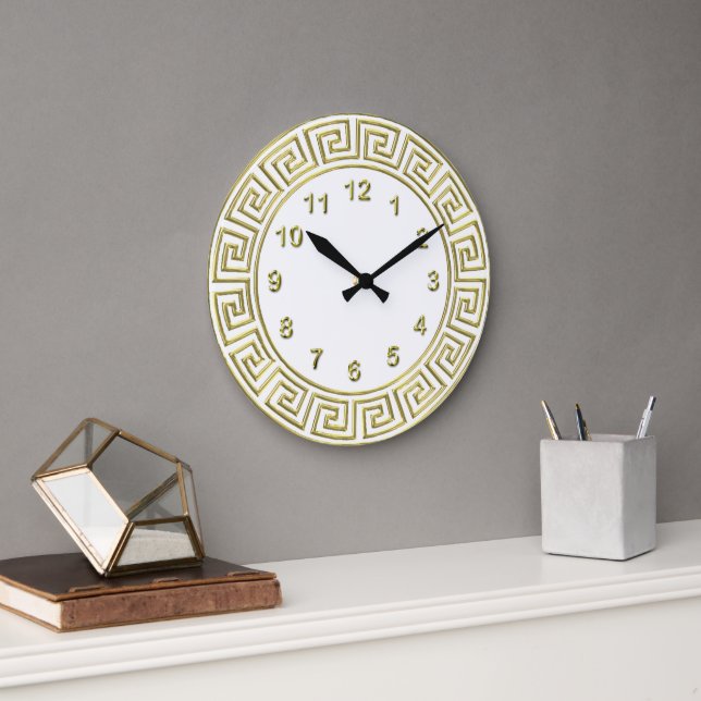 Relógio Grande Borda Chave Grega Branco Dourado Art Déco Marcador (Escritório)