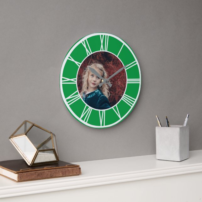 Relógio Grande Borda Numérica Branco Verde Adicionar Foto Rodada (Escritório)