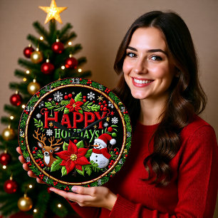 Relógio Grande Bordado Feliz Feriado Preto