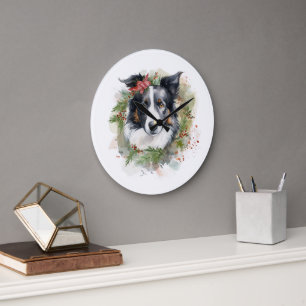 Relógio Grande Border Collie Christmas Wreath Festivo Pup