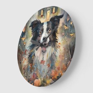 Relógio Grande Border Collie de Halloween com Abóboras Assustador