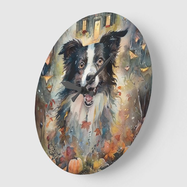 Relógio Grande Border Collie de Halloween com Abóboras Assustador (Ângulo)