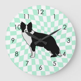 Relógio Grande Border Collie Dog Abstract Illustration Checkered