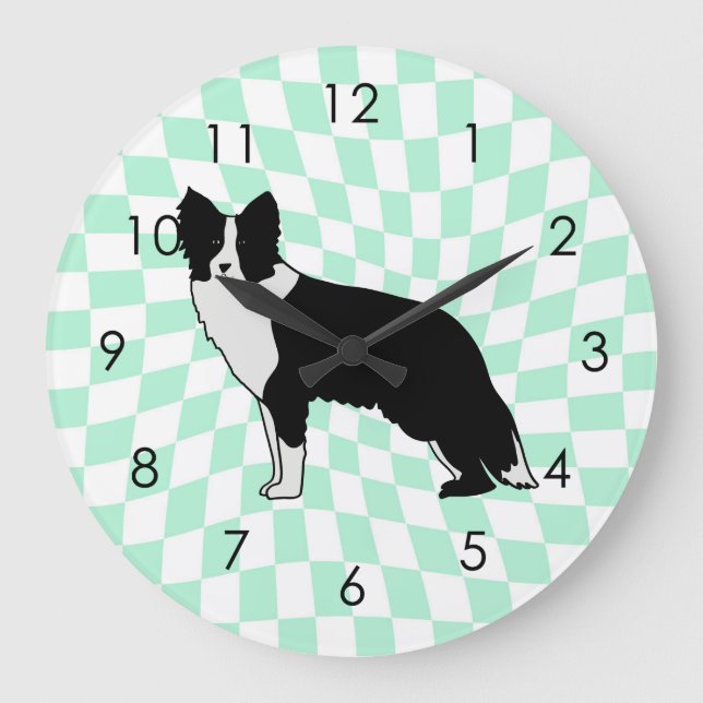 Relógio Grande Border Collie Dog Abstract Illustration Checkered (Frente)
