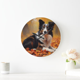 Relógio Grande Border Collie nas Folhas de Outono Caindo Inspira