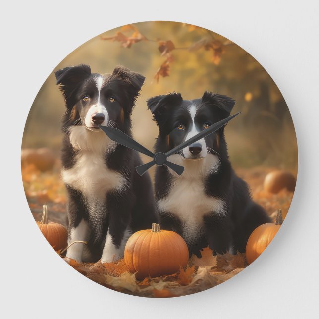 Relógio Grande Bordo Collie Puppy Autumn Delight Pumpkin (Frente)