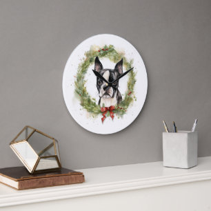 Relógio Grande Boston Terrier Christmas Wreath Festivo Pup