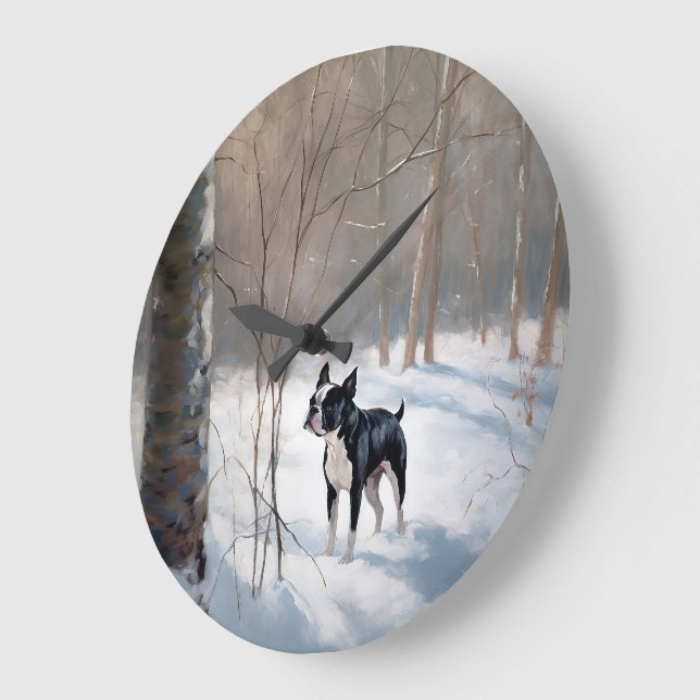 Relógio Grande Boston Terrier Deixe Nevar Natal (Ângulo)