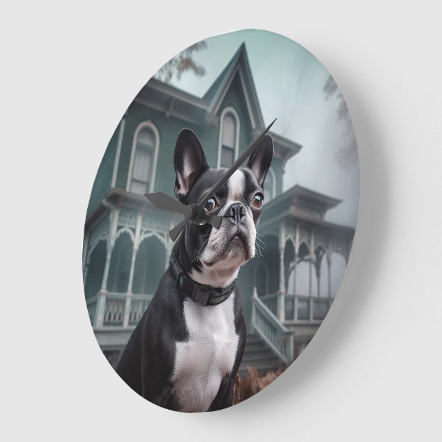 Relógio Grande Boston Terrier Halloween Assustador (Ângulo)