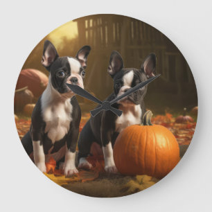 Relógio Grande Boston Terrier Puppy Autumn Delight Pumpkin