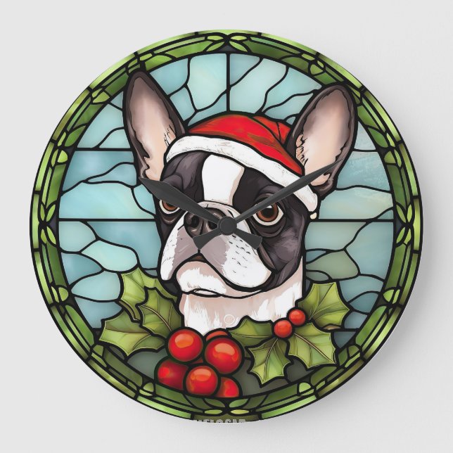 Relógio Grande Boston Terrier Vidro Colorido Natal (Frente)