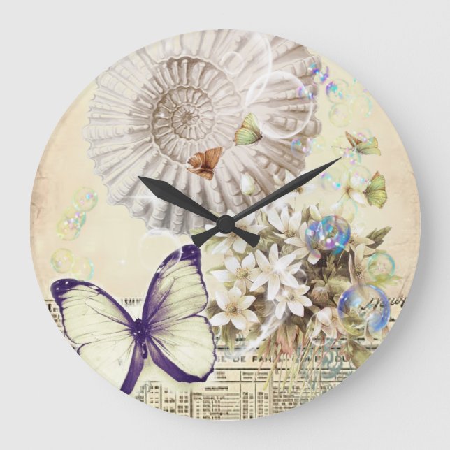 Relógio Grande botânico francês do seashell bege da borboleta do (Frente)