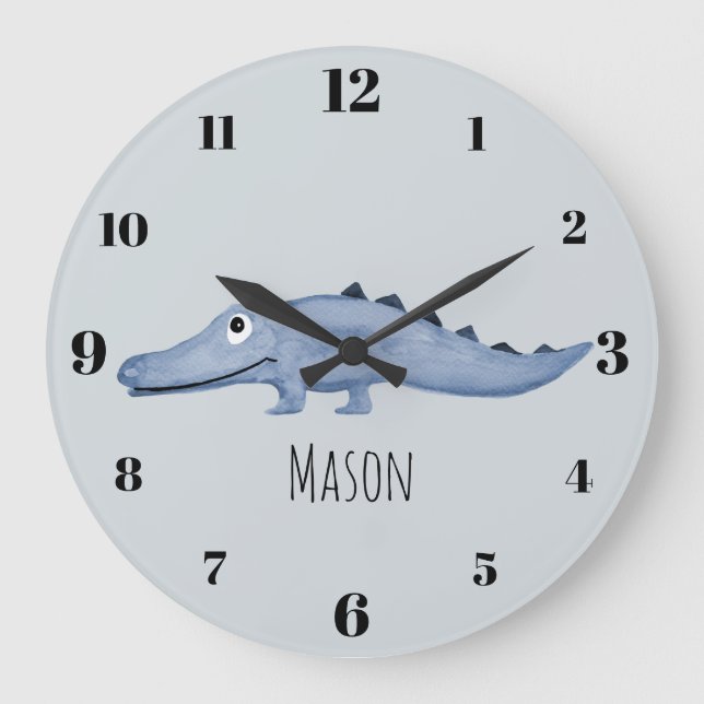 Relógio Grande Boys Blue Watercolor Crocodile Safari Name Nursery (Frente)