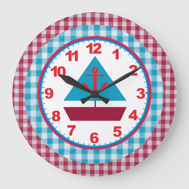 Relógio Grande Boys Gingham Sailboat Clock Com Números (Frente)